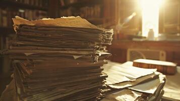 As the afternoon light streams through the small window the historian pores over a pile of dusty documents determined to unearth the hidden gems within. The serene silence of the archive photo