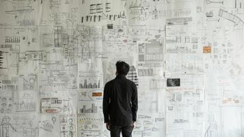 A topdown view of an architect standing in front of a large whiteboard covered in sketches equations and diagrams all representing their detailed thought process for creating a new photo