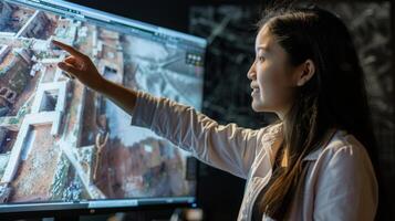 Standing in front of a large monitor a young historian gestures excitedly as she points out significant details on a 3D model of an ancient city using advanced software and multimedia photo