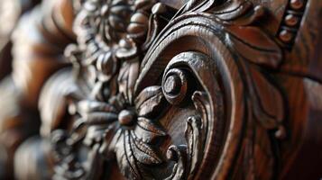 A closeup of a vintage chair reveals beautiful intricate details that have been preserved and given new life by a skilled designer staying true to their commitment to sustainable and photo