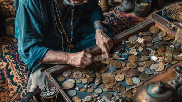 Sitting crosslegged on the floor a historian huddles over a chest overflowing with a jumble of coins scrolls and pieces of jewelry. They expertly sort through the mix carefully examining photo