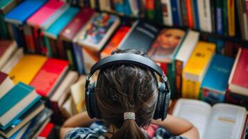 A person with headphones on surrounded by books and language learning materials highlighting their dedication and prowess in learning and understanding multiple languages. photo