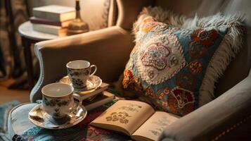 A cozy corner of the workspace showcases a cozy armchair adorned with mismatched throw pillows. On a nearby side table a stack of books and vintage teacups sit next to a sketchbook photo