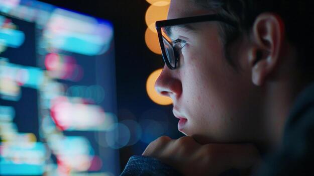 un perfil Disparo de un persona curioso atentamente a un computadora pantalla su pensativo expresión transporte su profundo comprensión y maestría de complejo codificación idiomas y software foto