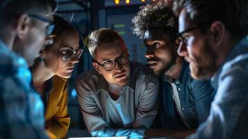 A group of IT spets huddled together in an intense discussion brainstorming solutions to a technological crisis. The dim lighting and serious expressions on their faces convey the photo