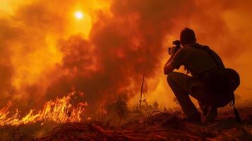 A fearless correspondent crouches in front of a towering wildfire capturing footage for an urgent news report. The sun sets behind them casting a fiery glow on the scene and adding photo
