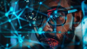 An intense gaze studies a virtual map of the intricate network system searching for any weak points or suious activity that could leave data vulnerable. photo
