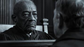 In a solemn courtroom a seasoned judge gazes intently at the defendant their face etched with lines of wisdom and authority. photo