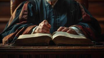 un convincente retrato de un distinguido juez su manos descansando en un grande libro como ellos impartir su palabras de sabiduría desde el banco. foto