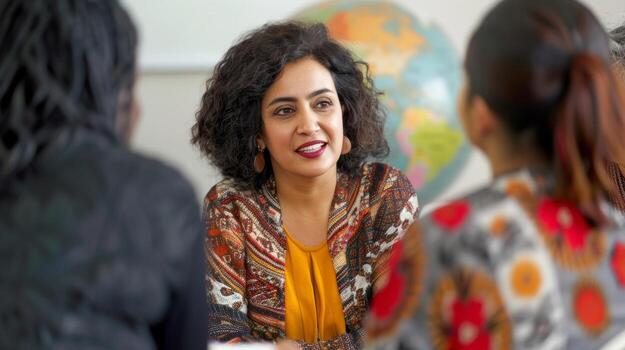An image of an interpreter talking to a group of people from different cultures with a globe in the background symbolizing the world coming together through her language skills and photo