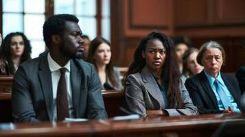An intense moment captured in the courtroom with all eyes focused on the witness on the stand as the judge listens intently. photo