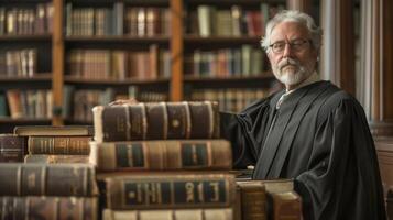 en pie alto en medio de un mar de libros y legal documentos el resistido cara de un sabio juez refleja años de defendiendo el ley con integridad y sonido juicio. foto