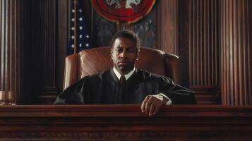 This portrait captures the essence of a stoic agent of justice their expression firm and resolute as they preside over matters of law and order. photo