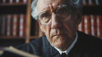 The trating gaze of a senior judge captures the essence of their vast knowledge and experience a symbol of the firm and wise hand of justice. photo