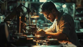 In a dimly lit workshop the focused eyes of a machinist inspect the delicate connections of a newly crafted mechanical arm a testament to their precision and skill. photo