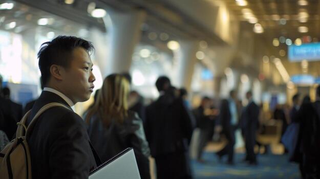 In a crowded convention center the interpreter deftly moves between multiple languages ensuring smooth communication between foreign business partners in the midst of a highstakes photo