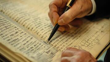 A closeup of a Linguists hand writing in a notebook while their other hand flips through pages of a language dictionary from different time periods showcasing the meticulous research photo