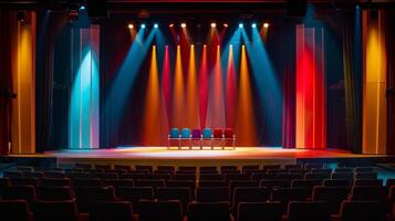 A stage lit up with bright lights and filled with diverse speakers is where the interpreter shines interpreting each sentence in realtime and flawlessly conveying the emotions and photo