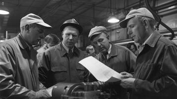 A group of machinists huddled together discussing blueprints and measurements amidst the clang of metal and hum of machines in a bustling factory. photo