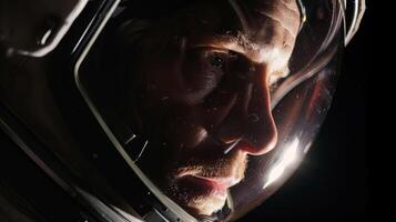 In the face of the unknown a determined astronaut peers through their visor the intensity of their determination shining clear in the shadows. photo