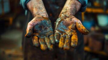 A portrait of a craftsmans hands covered in oil and grease showcasing the dedication and precision needed to create intricate parts. photo