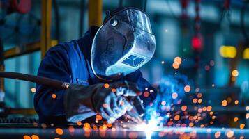 Donning a protective face mask a machinist expertly maneuvers a welding torch skillfully joining two metal pieces together to form a key component in a larger mechanical structure. photo