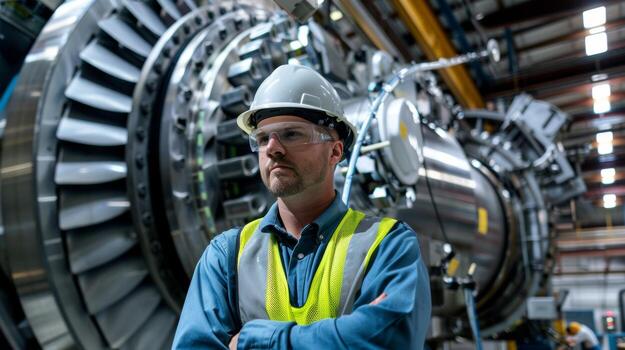 A machinist stands proudly in front of a towering machine its sleek modern design a testament to the advanced technology it contains. The workers protective gear and focused expression photo