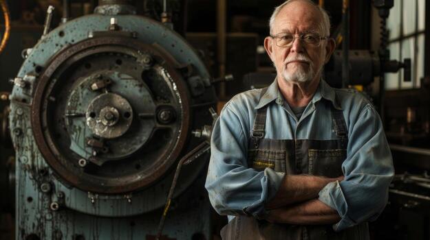 An image of a veteran machinist standing proudly in front of a large intricate machine a symbol of his many years of experience and dedication to his craft. The lighting highlights photo