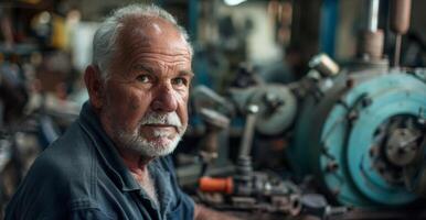 A portrait of a machinist in his workshop surrounded by the tools and machines he has operated for years. The lines on his face and the wrinkles around his eyes tell the story of the photo