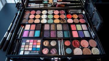 A makeup artists case filled with an array of vibrant eyeshadows blushes and lip colors all waiting to be used to create a unique and stunning look. photo