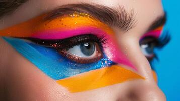 An artistic portrait of a nonbinary individual rocking a bold colorful eye makeup look inspired by the 1970s disco era with glittery lids and bold geometric shapes representing the photo