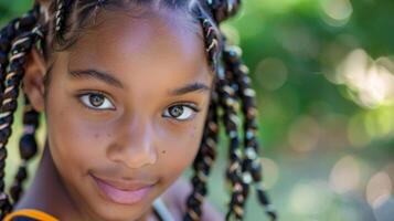 un Adolescente niña con un tímido sonrisa su pelo estilizado en un único trenzado modelo por el artista exhibiendo el belleza de diversidad en pelo texturas y estilos. foto