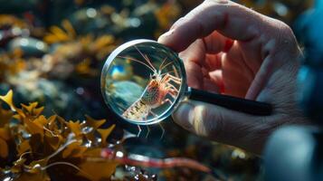 A marine biologist holds up a magnifying glass to examine a tiny shrimp amidst a bustling tide pool noting the relationships between this tiny creature and its surroundings in the photo