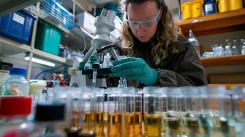 In a lab filled with test tubes and microscopes a biologist carefully yzes and documents samples collected from a nearby ocean cleanup site. photo