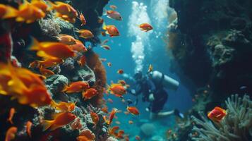 A group of divers led by a marine biologist explore an underwater cave filled with colorful fish and corals. As the biologist points out different species and their behaviors it becomes photo