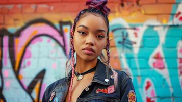 A woman with a sharp hair gazes directly at the camera her outfit adorned with popular patches and pins that reference current fashion trends. She stands in front of a colorful graffiti photo