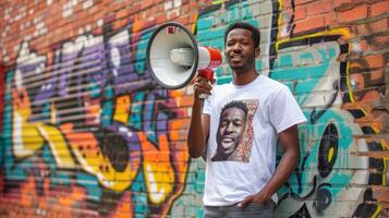 en otro retrato un hombre soportes con confianza en frente de un ladrillo pared adornado con vistoso pintada. él usa un camisa mostrando su empresas logo y es participación un megáfono Listo foto