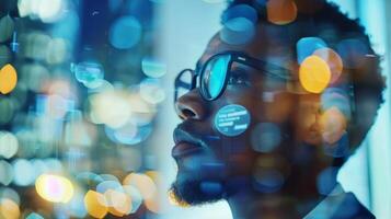 The cool sleek glass of the wall serves as a backdrop for the market strategists agile mind as they yze data with precision and strategy. Their reflective gaze portrays their dedication photo