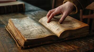 An aged book lies open on a worn wooden desk revealing pages filled with mathematical notations and diagrams. A hand reaches out to turn the page revealing the next chapter of knowledge photo