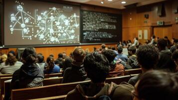 A lecture hall is filled with students eagerly listening to a guest speaker a distinguished mathematician known for their groundbreaking research. As they speak images and quotes from photo