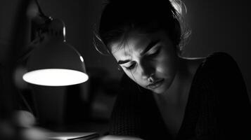 A black and white portrait of a person illuminated by a single desk lamp their eyes closed in concentration as they delve into the depths of their mind. photo