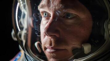 A poignant portrait of an astronaut with their helmet off the flag of their homeland dd over their shoulders their gaze filled with pride as they contemplate the grandeur and significance photo