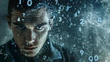 A man with a serious determined expression the numbers reverberating and intertwining throughout his entire body like a living breathing symbol of the constant and infinite nature photo