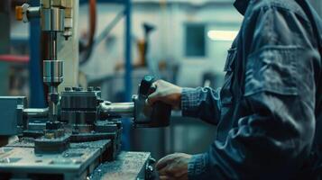 A proficient craftsman dressed in a jumpsuit skillfully operating a stateoftheart machine and effortlessly producing flawless results. photo