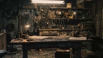 In the corner of the workshop a solitary table sits cluttered with tools and papers where a mechanic is a blueprint deep in thought. The dim lighting and worn furniture give the sense photo