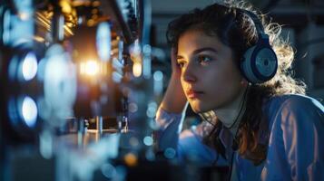 A young scientist wearing headphones stands in front of a large machine carefully adjusting its settings. Her face is lit up in anticipation as she prepares to run an experiment. photo