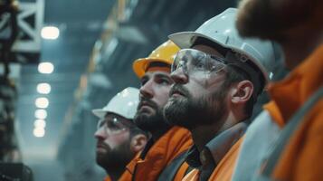 A team of engineers donning hard hats and safety vests huddle around a large machine in a dusty workshop their heads tilted upwards in contemplation. photo