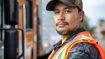 A portrait of a delivery truck driver capturing the moment they put on their highvisibility vest and fasten their seatbelt before setting off on their route. The background shows the photo