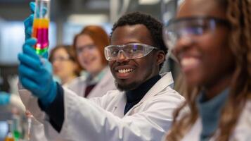 A researcher in a lab coat and safety glasses holds up an Erlenmeyer flask filled with a colorful liquid proudly showcasing their work to their colleagues. photo