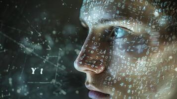 A young man gazes out from the portrait his expression serene and enigmatic as his pale skin is decorated with intricate equations and numerical patterns. photo